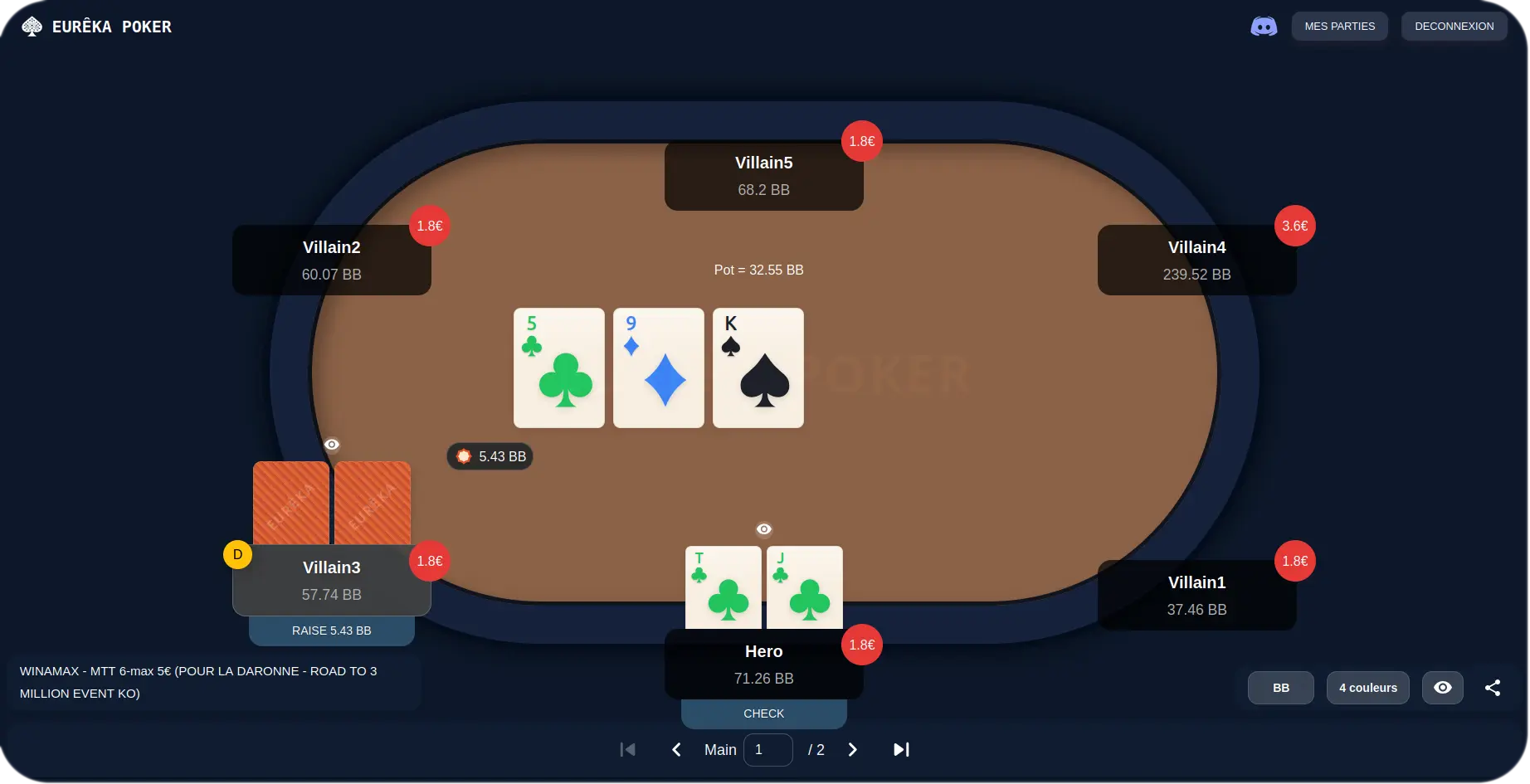 Exemple d'analyse de main dans le replayer Eurêka Poker